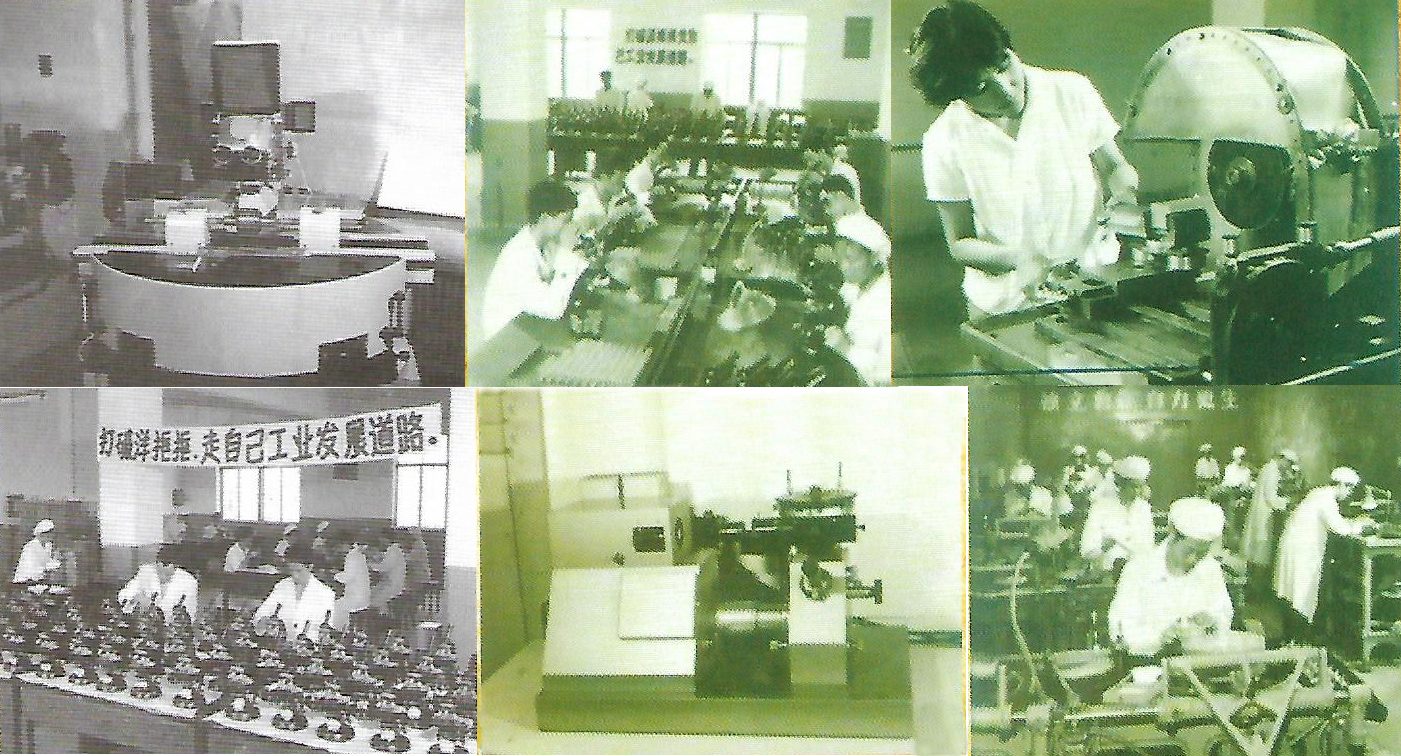 Collage of the grinding shop: a round grinding table, a technician at a lens machine, rows of machines