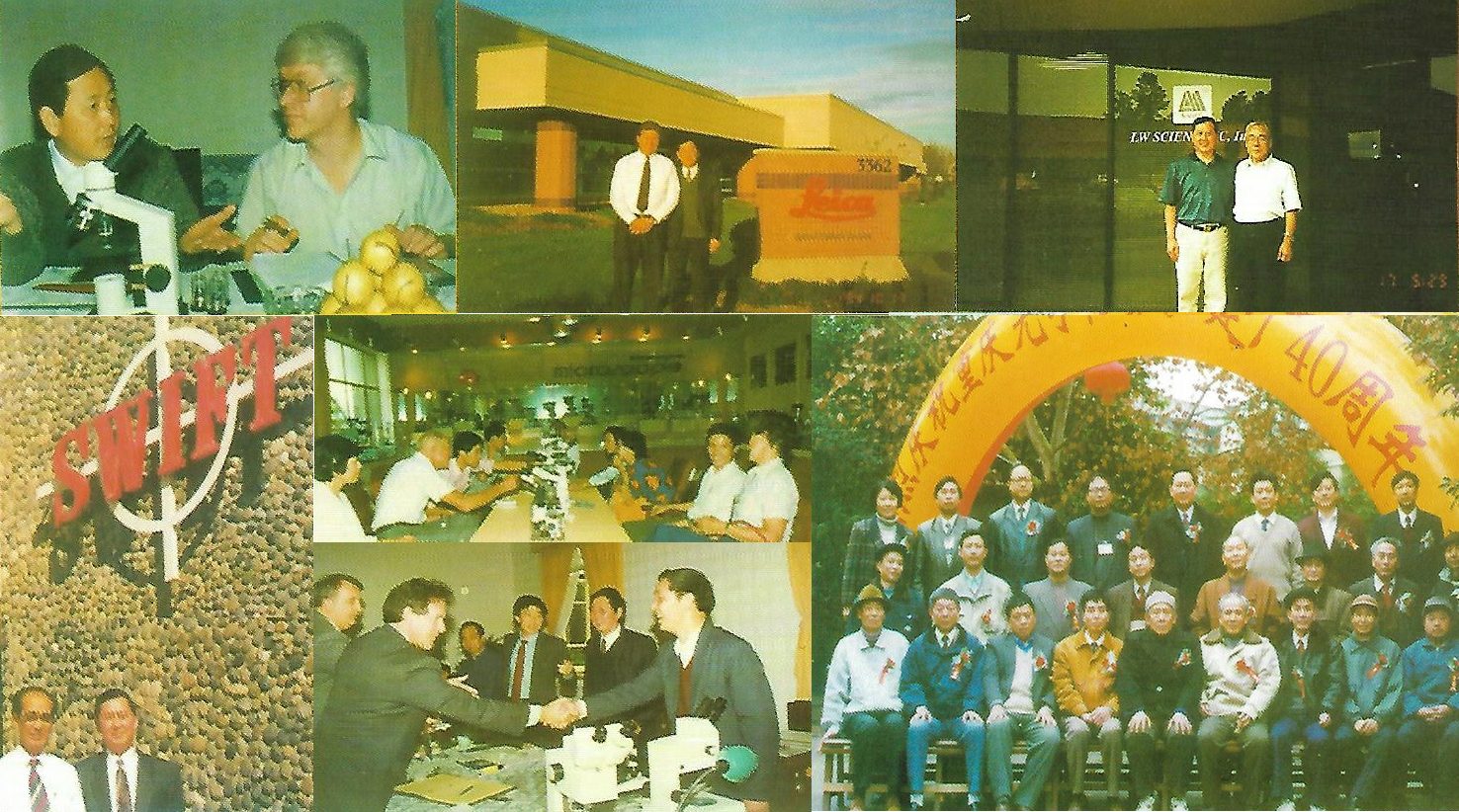 Collage of overseas visitors at the factory: handshakes at a table, a group under a red arch, a Swift brand banner
